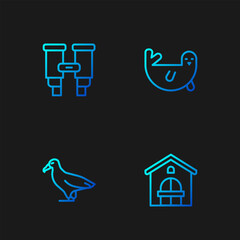 Set line Farm house, Albatross, Binoculars and Fur seal animal. Gradient color icons. Vector