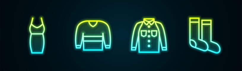 Set line Woman dress, Sweater, Shirt and Socks. Glowing neon icon. Vector