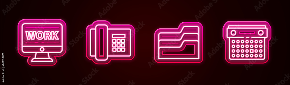 Aufkleber set line monitor with text work, telephone, document folder and calendar. glowing neon icon. vector
