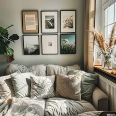 A living room with a couch and a window. The couch is covered with pillows and a blanket. There are pictures on the wall and a vase on the table. Scene is cozy and comfortable