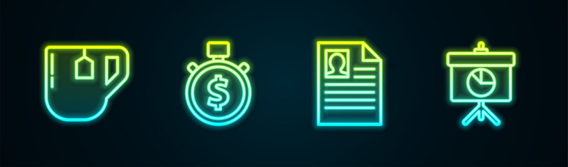 Set line Cup of tea with tea bag, Time is money, Resume and Chalkboard diagram. Glowing neon icon. Vector