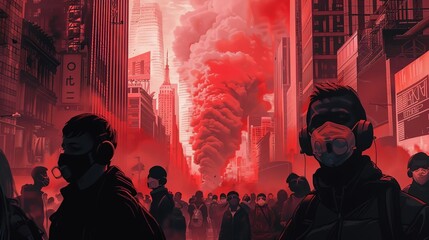 A group of people wearing gas masks walk through a city. The city is in ruins. There is a red mist in the air. The people are all wearing gas masks.