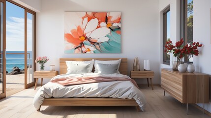 Tranquil stock image of a minimalist bedroom with serene white bedding and a surprising, vibrant painting above the bed as a focal point