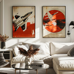 Two paintings of fighter jets are hanging on the wall. One is red and the other is white