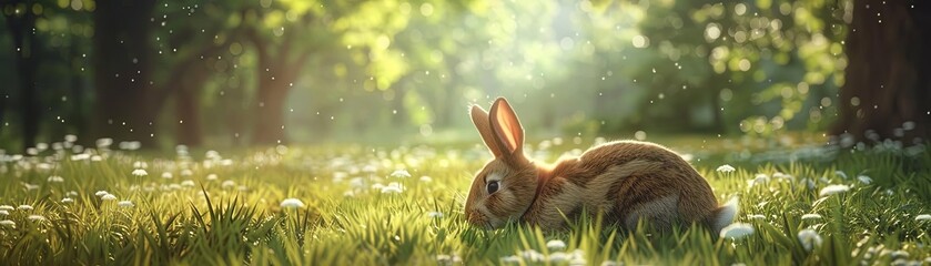 Generate a photo of a cute bunny eating a carrot in a field of flowers. Make sure the bunny is the main focus of the image and the background is blurred.