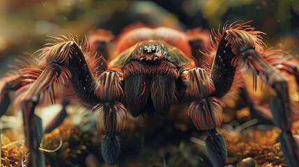 A close up of a tarantula with a blurred background. The tarantula is in focus and looks menacing.