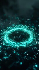 Glowing neon circle against a dark background, intricate cyan and emerald polygons.