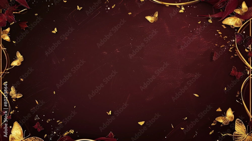 Poster a rich, deep red background with an intricate golden filigree pattern swirling across the entire sur