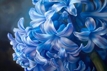 A stunning close-up photograph of a blue hyacinth flower in full bloom against a dark background