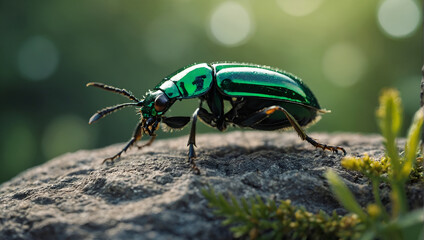 A green beetle is sitting on a rock. The rock is covered in moss. The background is blurry and looks like leaves.

