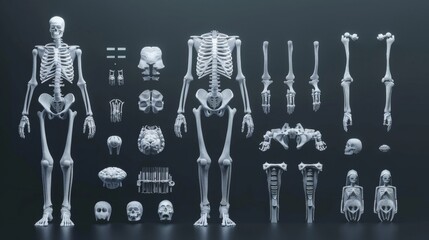 A collection of human bones and skulls are shown in various positions