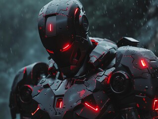 Fototapeta premium Info War Machine, encrypted armor plating, AI consciousness, infiltrating enemy networks, stormy weather.