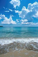 A beautiful blue ocean with a few clouds in the sky
