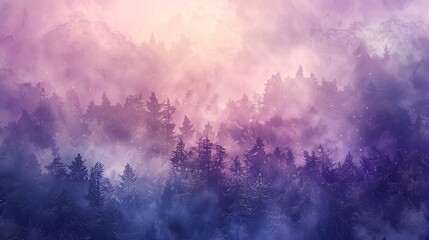 An ethereal landscape of a misty forest, painted in shades of purple, pink and blue. The soft light filters through the trees, creating a magical atmosphere.