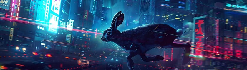 A cyberpunk jackalope races through a neon-lit city