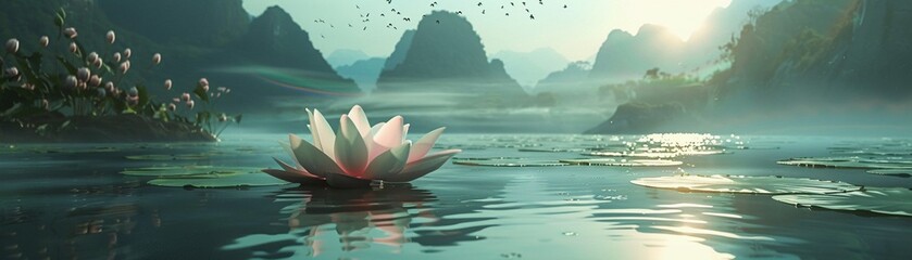 Lotus flower, flowing river, tranquil setting, with birds chirping amidst towering mountains in the background.