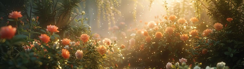 A beautiful garden with roses in full bloom. The sun is shining brightly, and the flowers are glistening with dew. The air is filled with the sweet scent of roses.