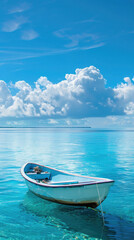 Fototapeta premium A small white boat is floating in the ocean