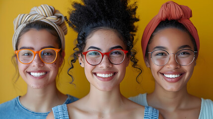 Three Women Smiling in Vibrant Colorism Style with Glasses, To provide a high-quality and engaging image of three women smiling in the style of