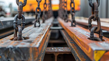 Macro shot of a construction chain with rusted links connected along a flat metal surface, set against a backdrop of blurred orange machinery.