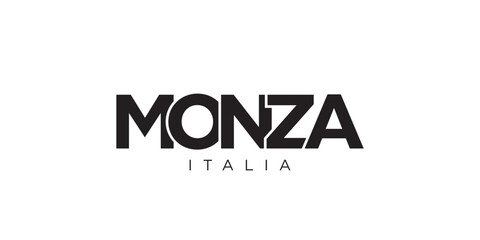 Monza in the Italia emblem. The design features a geometric style, vector illustration with bold typography in a modern font. The graphic slogan lettering.