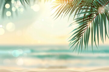 Natural green palm leaves on tropical beach background, light waves, sun, bokeh, Copy space for texts.