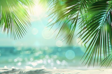Fototapeta na wymiar Natural green palm leaves on tropical beach background, light waves, sun, bokeh, Copy space for texts.