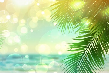 Fototapeta na wymiar Natural green palm leaves on tropical beach background, light waves, sun, bokeh, Copy space for texts.