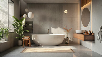 A bathroom with a large bathtub and a mirror. The bathroom is decorated with a lot of plants and has a modern design