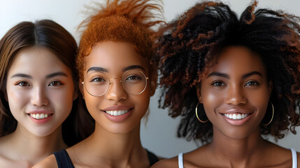 Three Women with Afro Hair and Glasses Smile in the Style of Timeless Beauty and Afrofuturism, To showcase the unique and stylish beauty of black