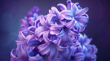 A beautiful close-up of a purple hyacinth flower in full bloom against a dark background. The petals are soft and delicate, and the colors are vibrant and lifelike.