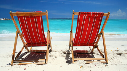 Two beach chairs are on the sand, facing the ocean