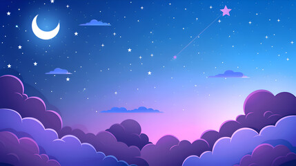 A night sky with a large moon and a shooting star. The sky is filled with clouds and stars, creating a peaceful and serene atmosphere. Generative AI