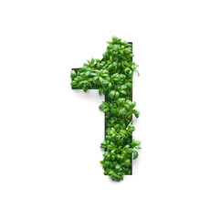 Number one is created from young green arugula sprouts on a white background.