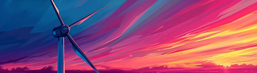 A windmill stands in a field of wheat, the sun setting behind it