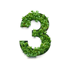 Number three is created from young green arugula sprouts on a white background.