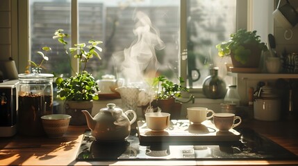 Serene Morning Tea Ritual in Sunlit Kitchen with Elegant Teaware Captured in Documentary