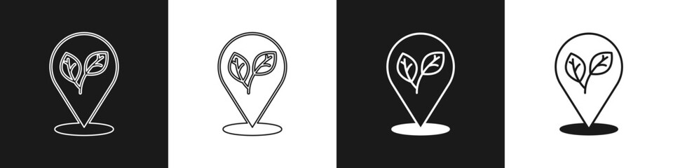 Set Location pin with leaf inside icon isolated on black and white background. Leaves sign. Fresh natural product symbol. Vector
