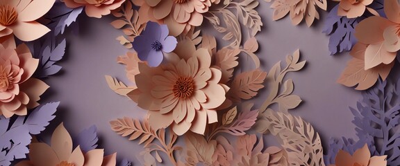 "Charming paper cut floral background in pink, peach, and lavender. Great for Mother's Day wishes. 🌸 #PaperCraft #Motherhood" digital artwork ar 2:39:1
