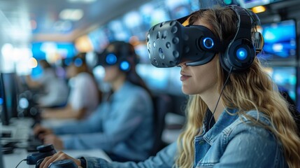 Female VR Software Engineer Programming Virtual Games and AR Solutions with VR Headset and Controllers in a Technical Research and Development Office