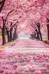 A road lined with sakura trees; Cherry blossom wallpaper