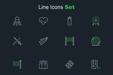 Set line Sports doping with dumbbell, Football field, Bowling, Checkered flag, Car wheel, Volleyball net, Fitness sneakers shoes and Fencing icon. Vector