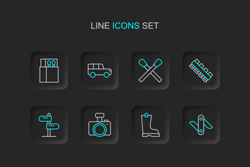 Set line Swiss army knife, Waterproof rubber boot, Photo camera, Road traffic sign, Hunting cartridge belt, Burning match with fire, Safari and Open matchbox and matches icon. Vector