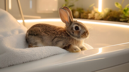 Adorable Bunny Relaxing on a Soft White Towel