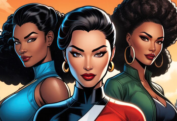 Three confident superheroines stand together