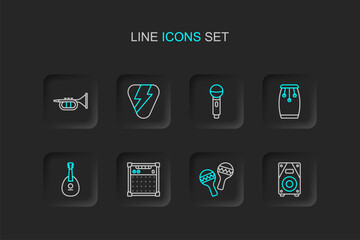 Set line Stereo speaker, Maracas, Guitar amplifier, Mandolin, Conga drums, Microphone, pick and Trumpet icon. Vector