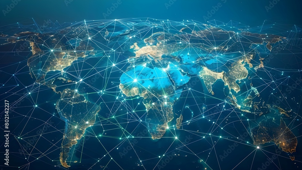 Poster world map showing interconnected flight routes in a global business network . concept global busines