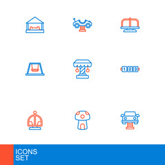Set line Swing car, Mushroom house, Attraction carousel, Education logic game, Ferris wheel, and icon. Vector