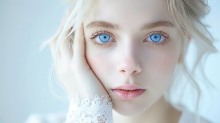 Close-up portrait of a young woman with platinum blonde hair.