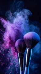 Majestic Makeup Brushes with Vibrant Powder Burst on Dark Background